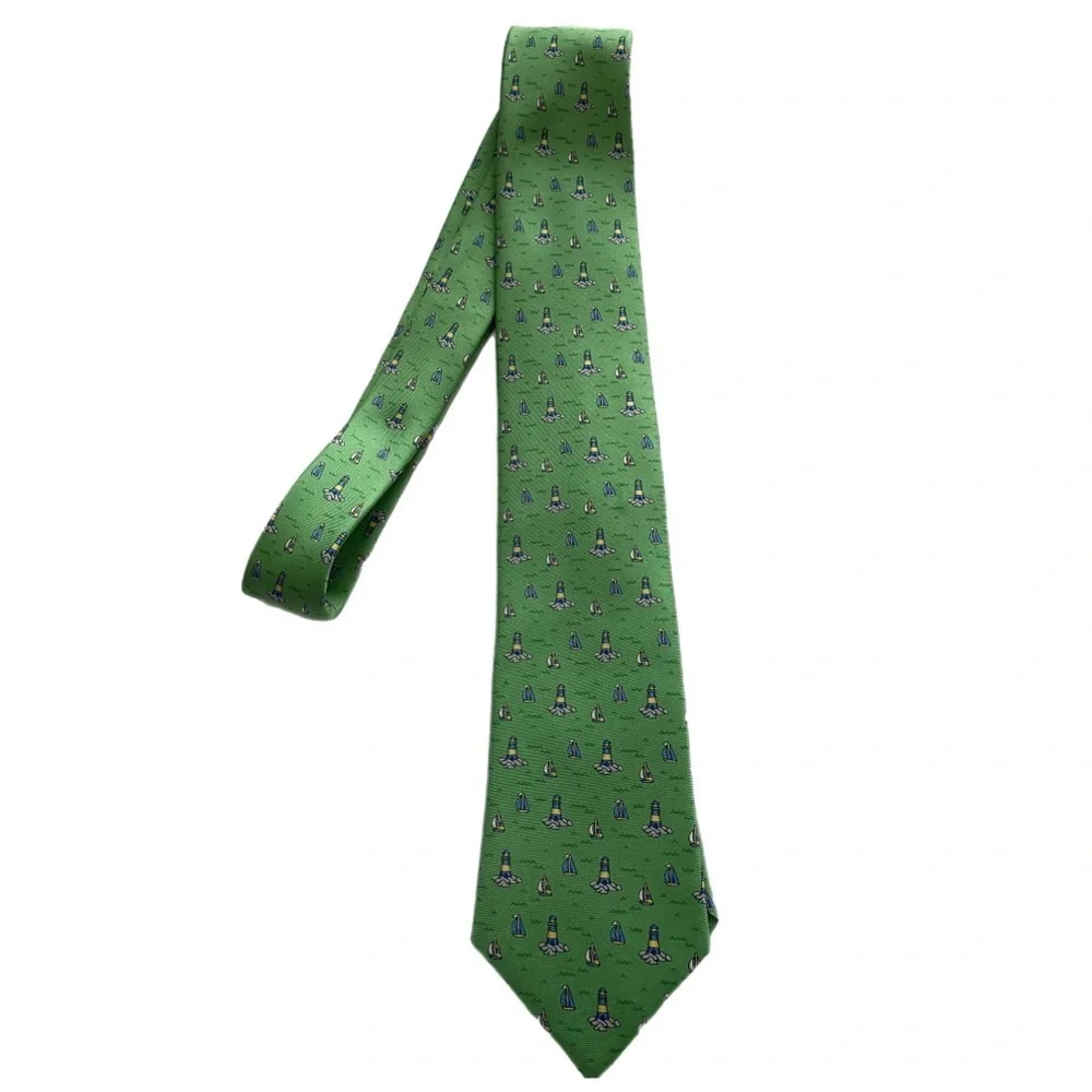 Haspel Silk Tie Green Nautical Tipped Bar Tac Keeper Loop 60”x3.25” 80s to 90s